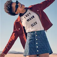 NWT Wrangler x Leon Bridges Button Front Go Go Mini Denim Skirt. Size XL