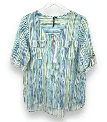 Cathy tunic M petite linen blend short tab sleeve zip front stripe beach resort