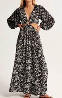 Abercrombie & Fitch Black White Boho Ring Cutout Maxi Dress LP Long Sleeve