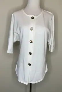 Vintage Jersey Top White Button Front w Large Buttons Hearts Sz Medium