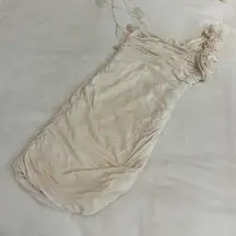 Women small Off white one shoulder dress rushed sides stretchy ruffles sleeve