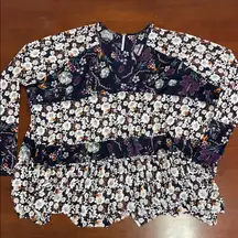 Free People White and Blue Ruffled Floral Blouse Boho Oversized Small Festival