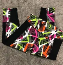 Fabletics  tribal penzy print capri legging jogger in neon orange, pink and green