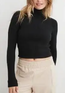 Aerie Blizzard Waffle Mockneck Cropped Shirt Women’s Small Black Winter Ski Cozy