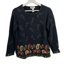 Vtg Talbots Petite SP Sweater Embroderied Floral Paisley Long Sleeve Round Neck
