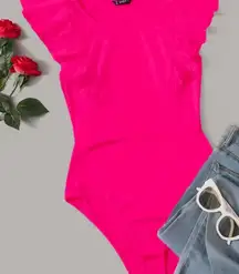 Women's Ruffle Sleeve Neon Pink Bodysuit
