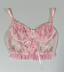 Pink Pastel Floral Mesh Corset Bustier Bra Bralette Lingerie Crop Top Size S 🌸✨