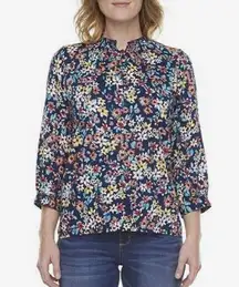 St John’s Bay split crewneck navy ditsy floral cotton blend top size medium NWT