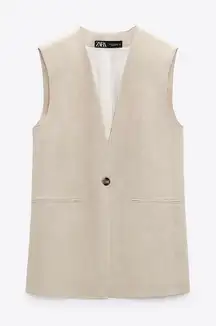 Zara Bloggers Favorite Beige Bohemian Long Line 100% Linen‎ V-Neck Vest Size L