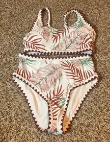 Tropical High Waisted Bikini‎ Set Scalloped Trim Swimsuit Beachwear S