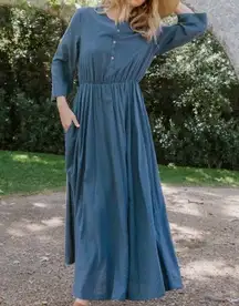 Jenni Kayne Seersucker Blue Stripe Long Shirtdress size small with pockets