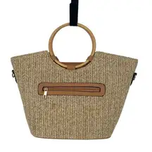 Be Dazzled Womens 2-Way Two-Tone Round Bamboo Handle‎ Straw Satchel Bag NWT