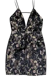 Millau LF Y2k Satin Asian Oriental Black GoldPink Floral Plunging neck NYE Dress