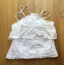 WHBM White Tiered Pleat front Racerback design Eyelash Lace Trim cami in sm