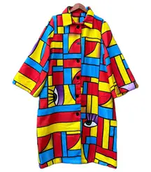 Rare Vintage Colorful Abstract Geometric Eyeball Long Maxi Button Trench Coat