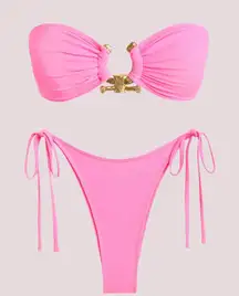 NWT ZAFUL Pink Metal‎ Ring Accent Bandeau Side Tie Bikini Set - XS