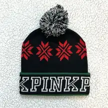 PINK Victorias Secret Beanie Hat Tobaggan Pom Pom Chic Holiday Snowflake Beanie