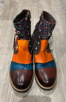 Bohemian Ankle Boots,‎ Leather Accent, Colorful Fabric, Lace-Up, Side Zip Sz 40