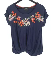 W5 Women's Embroidered Floral Blouse Size Small Navy Blue Short Sleeve Knot‎ Hem