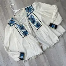 Zara Embroidered Jacket open tie boxy womens Cream xlarge boho folk cottagecore