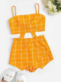 yellowish orange and white two piece set