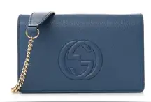 Gucci Authentic Soho Blue Pebbled Leather Chain Crossbody Bag – Brand New