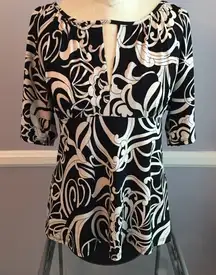 INC black white abstract print career top cut out neckline elbow sleeves Size M