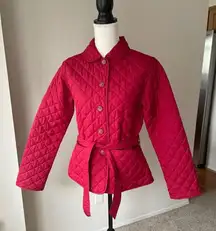 Van Heusen Red Quilted Winter Jacket With Tie Belt Size Small Cropped Stylish