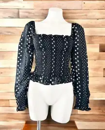 LoveShackFancy Russell Smocked Peasant Top, Black Satin, Size S New w/Tag