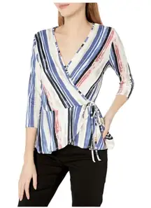 BCX A. Byer Women's large Faux Wrap Knit Top 3/4th sleeves watercolor stripes