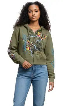 Ed Hardy Womens Hoodie Jacket Large Green Tattoo Graphic Y2K Vintage Streetwear