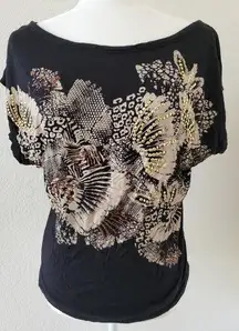 H&M Black Rhinestone Graphic Print Short Sleeve Top Women's Size Small S…