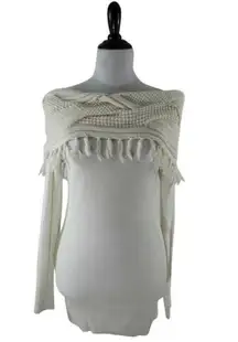 Cream Off Shoulder Cowl Neck Tassel Tunic Sweater Size Small