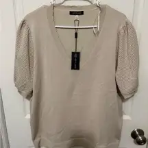 Cable & Gauge Sweater Sz 2X V-Neck Short Open Knit Sleeve Beige/Tan NEW