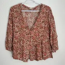 O’Neill pink and brown tropical floral peplum button blouse 3/4 sleeve size M