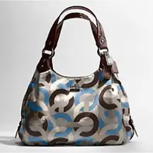 Coach  Madison Chain Link Scarf Print Satin and Leather Maggie Hobo Blue/Brown