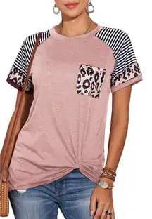 Colorblock Striped Leopard Print Casual Round Neck Shirt Short Sleeve Top M