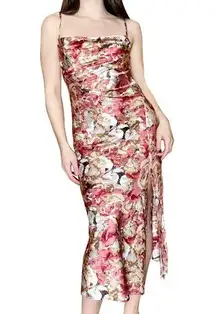 Utnisan Floral Satin Draped Cowl Slip Midi Dress Small