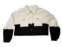 HYFVE Black Bottom and White Top Peasant Sleeve Silver Button Jean Jacket Sz Med