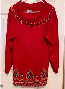 Victoria Jones Woman's Red Embellished Sweater Size M 28" Long x 20" Pit‎ to Pit