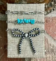 Navajo Style Pearl Bow and Paperclip Chain Bracelet Set with Turquoise