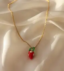 Glass Strawberry Pendant On Gold Necklace 18 Inch 