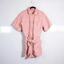Future Collective Cotton Snap Button Zipper Collared Mini Romper Jumpsuit Pink M