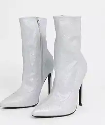 ASOS DESIGN Esmerelda high heeled sock boots in silver glitter