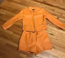 Vintage  Style Set Suit Leather Blazer Jacket shorts bright zip moto biker