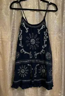 American Eagle  Dark Navy Blue Bronze Boho Beaded Sequin Mini Dress XXS NWT