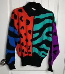 Vintage 80s Obermeyer color block pop art turtle neck wool‎ blend sweater medium