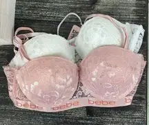 Bebe SET of 2 Pink & White Lace Cup Contour Convertible Logo Band Bras 34B