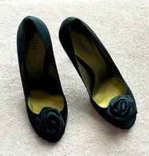 Charles by Charles David black rosette satin peep toe heels.