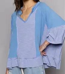 POL Clothing Blue Waffle Knit V Neck Pullover Top Size L FKT1058B